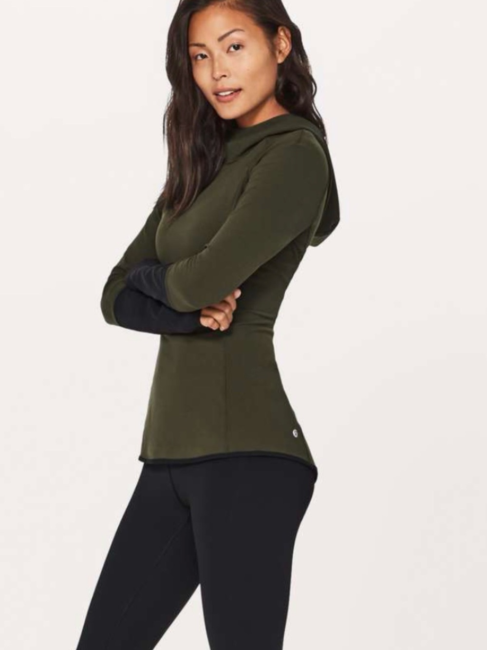 lululemon athletica Olive Green Hooded Long-Sleeve Top with Black Cuffs
